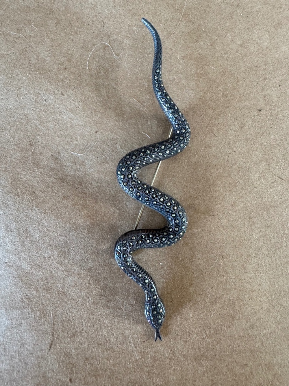 Vintage Sterling Silver Marcasite SerpentSnake Brooch Pin